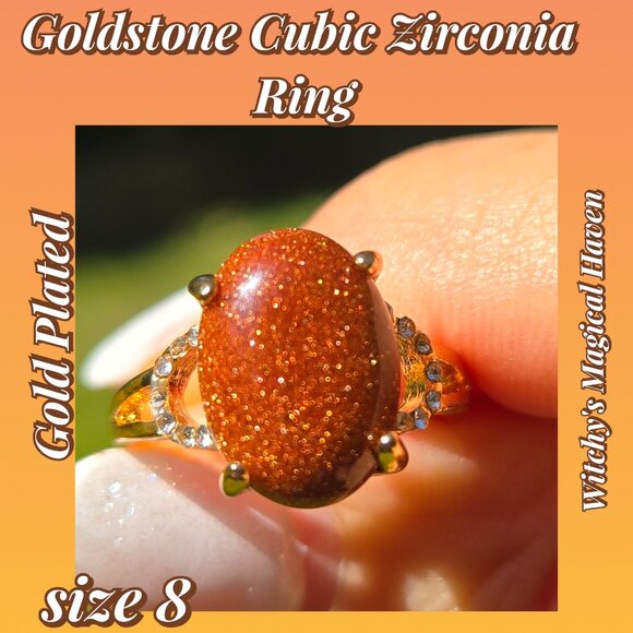 Gold-Plated Goldstone Gemstone Ring adorned with Cubic Zirconia, Size 8 - Picture 1 of 3